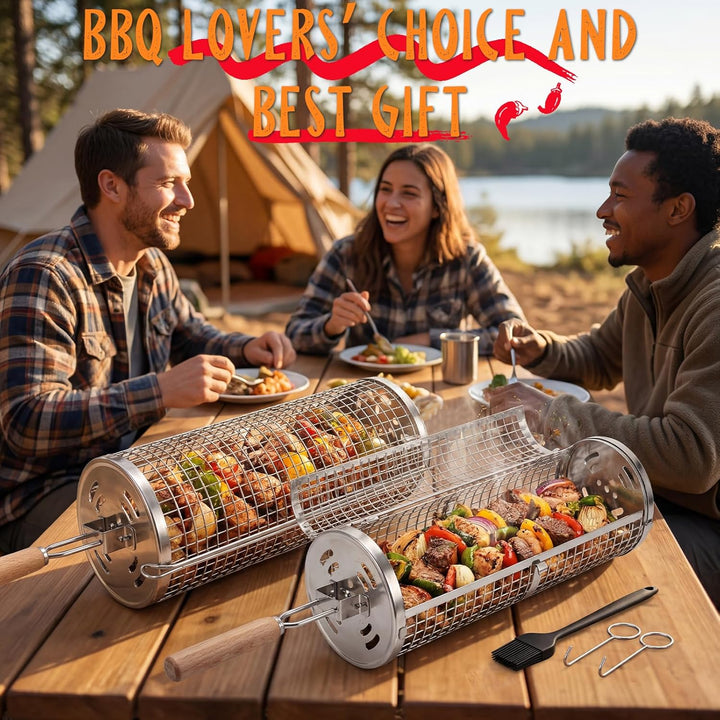 Rollender Grillkorb 2er Set,Nestbar Rollgrillkorb Abnehmbarem Holzgriff Doppelte Öffnung Edelstahl 3