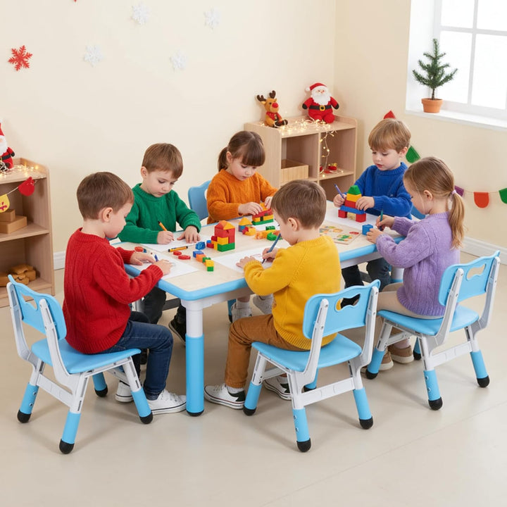 MAMIZO Kindertisch mit 6 Stühlen, Kindertischgruppe Höhenverstellbar, Kinder Tisch Stuhl Set für Kin