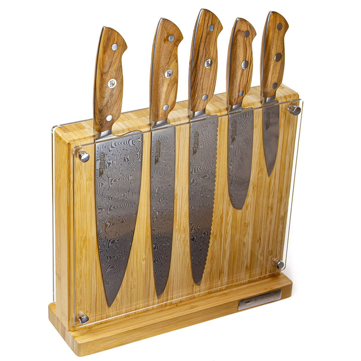 Eagle U-Grip - 5-er Messer-Set mit Bambus Messerblock - Voll-Damaststahl 108 Lagen/Heftschalen: Oliv