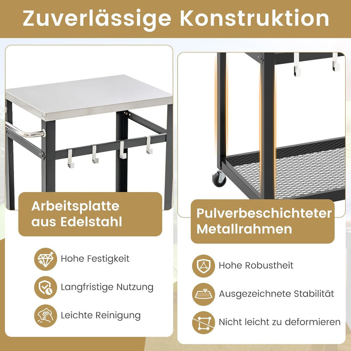 GOPLUS Grillwagen, BBQ Beistellwagen mit Edelstahl-Tischplatte, 2 Ebenen & Haken, Grilltisch mit Rol