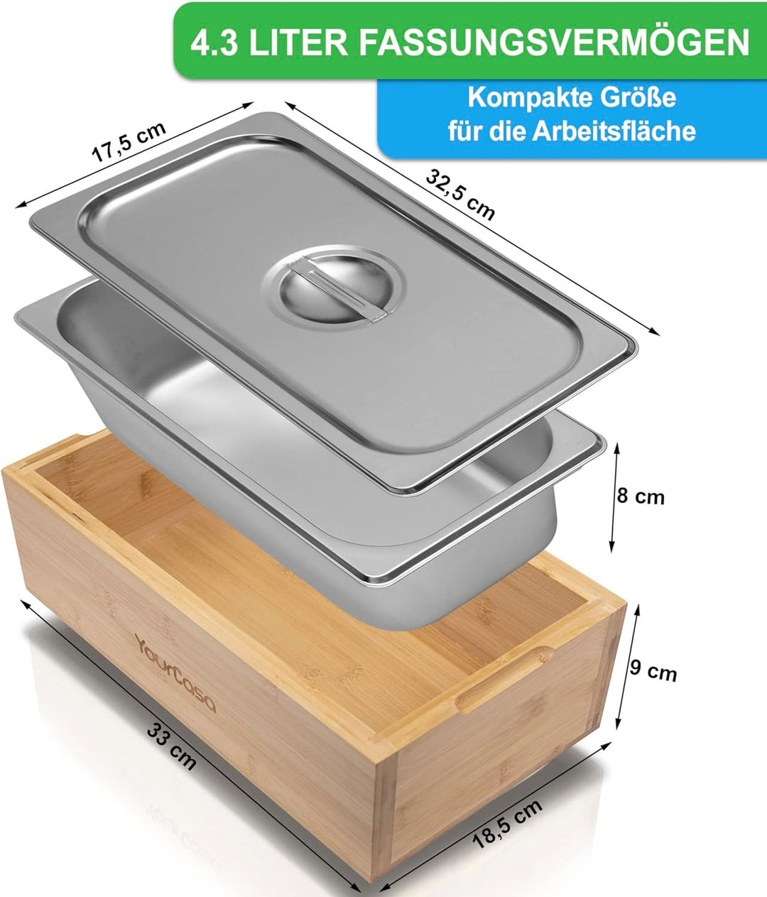 YourCasa® Biomülleimer Küche - Bambus Holz & Edelstahl - für alltäglichen Bio Müll - Spülmaschinenfe