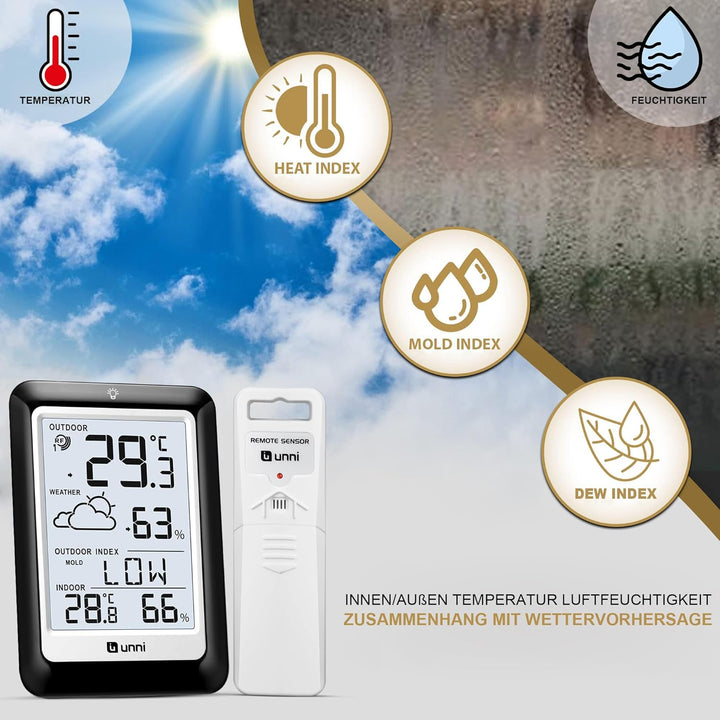 Funk Wetterstation mit Aussensensor Batteriebetrieb, Wettervorhersage Funkwetterstation 100M/330FT,