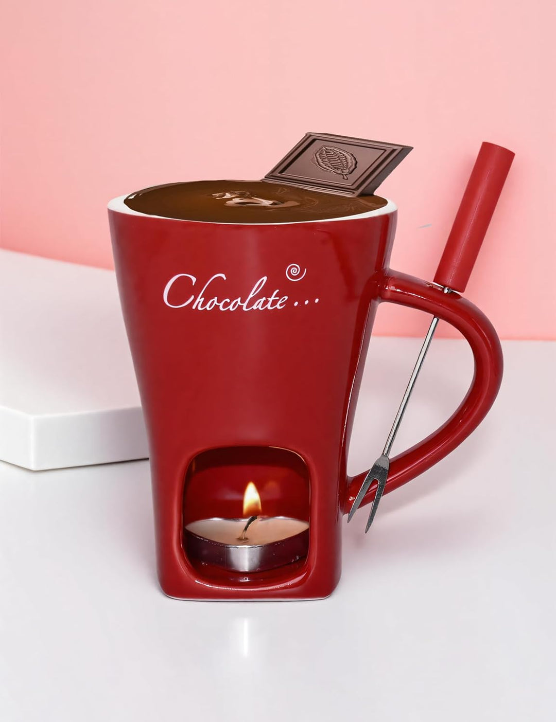 Keramik Schokofondue Tasse Set mit Mit Gabel - 200ml, Rot, Rot