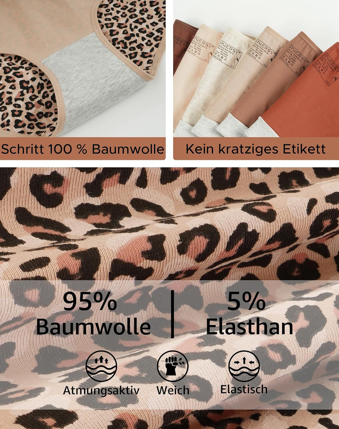 INNERSY Unterhosen Damen Baumwolle Atmungsaktive Hipster Unterwäsche Basic Bequem Panties 6er Pack M