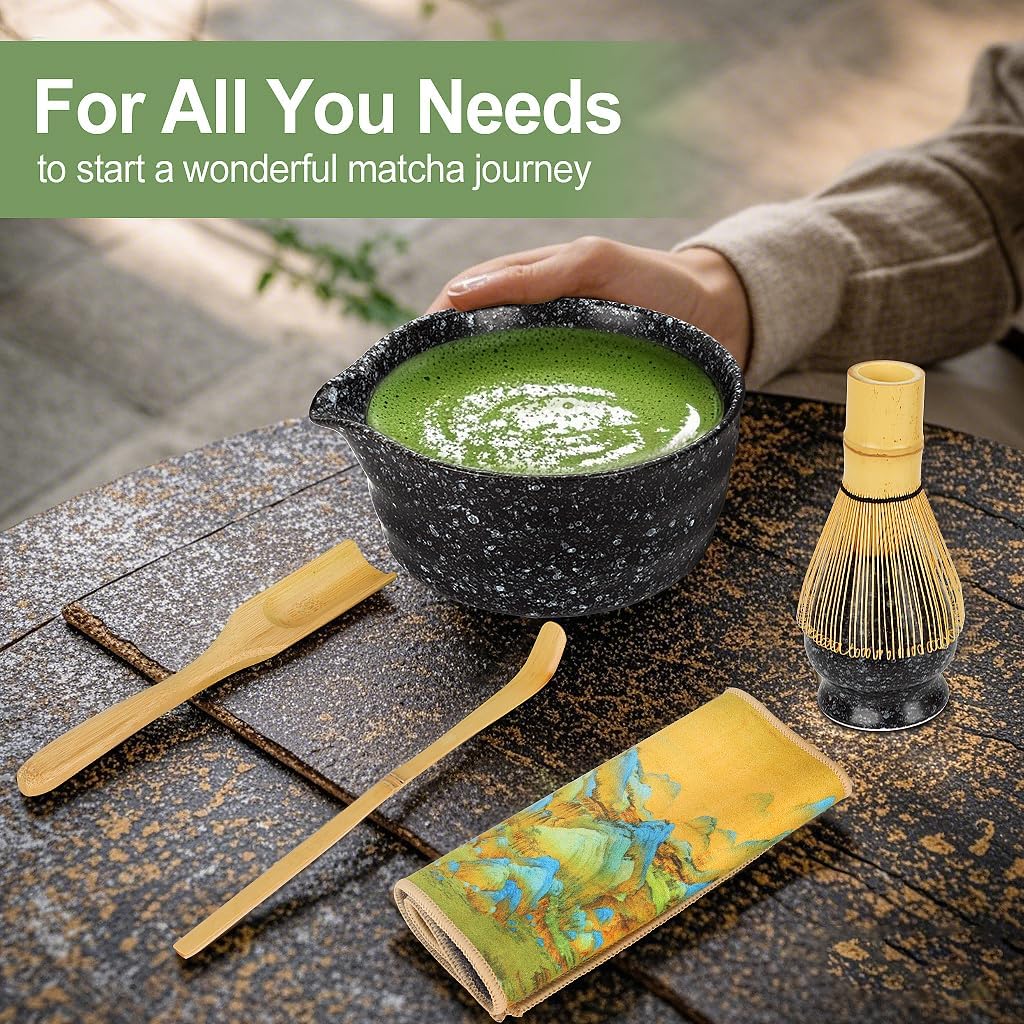 HuiJuKeJi 7 Stück Matcha Tee Set Set mit Besen, Filter, Schale und Löffel (Black), Black
