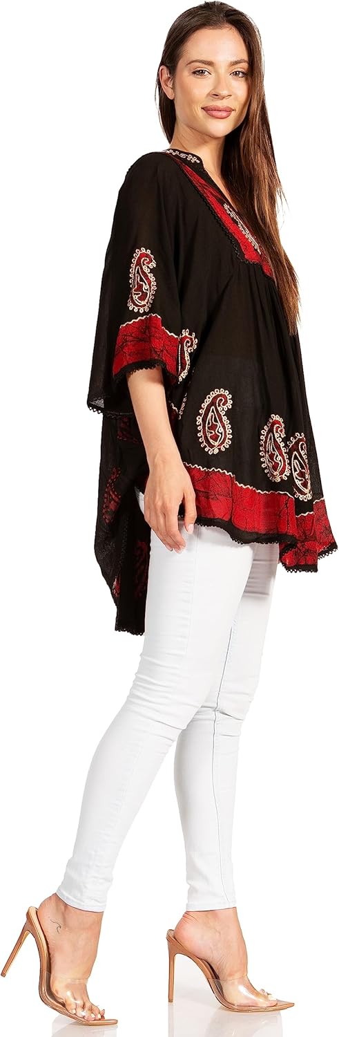 Sakkas Amori V-Ausschnitt Stickerei Poncho Top/vertuschen Einheitsgrösse Schwarz Rot, Einheitsgrösse