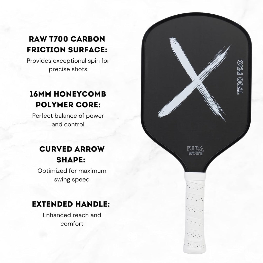 PRO Pickleball Schläger – T700 Carbon, 16mm Honeycomb, Angeraute Oberfläche für Top Spin, Verlängert