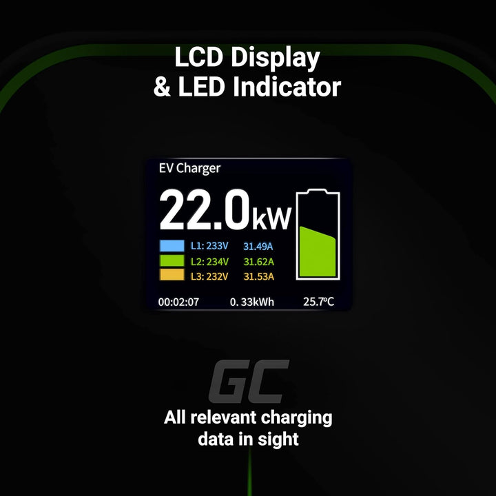 Green Cell GC PowerBox Wallbox 22kW Typ 2 Ladegerät für EV Ladekabel 6m LCD Display Kompatibel mit M