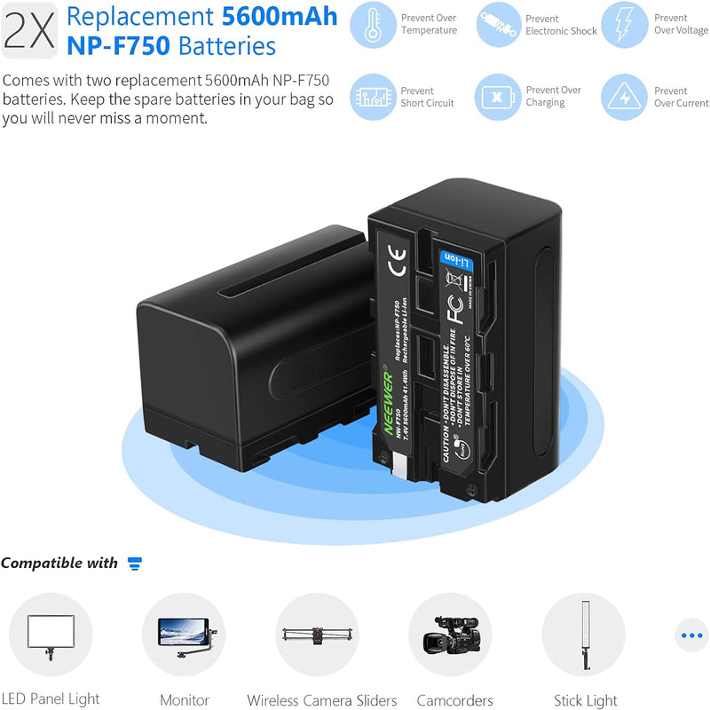 NEEWER Ladegerät Dual USB mit NP-F750 2Stk 5600mAh Ersatzakkus, Schnellladegerät kompatibel mit Sony