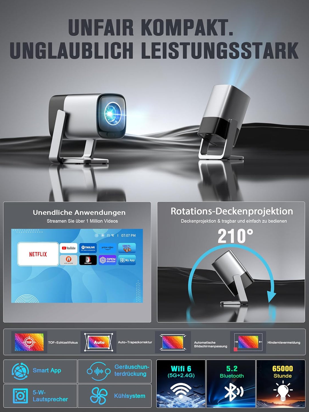 Smart Mini Beamer 4K kompatibel mit Netflix & Dolby Audio, XuanPad 28000 Lumen Beamer mit TOF Autofo
