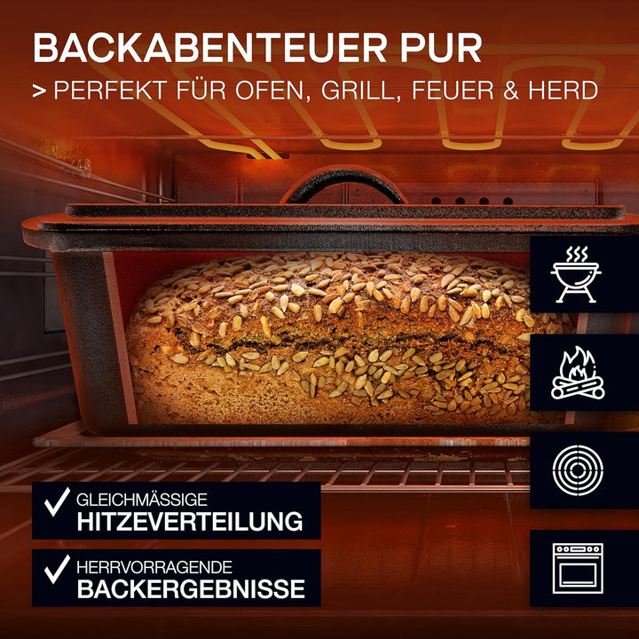 besok Brotbackform mit Deckel, Gärkorb & Teigmesser - Gusseisen Backform Brot backen Zubehör - Kaste