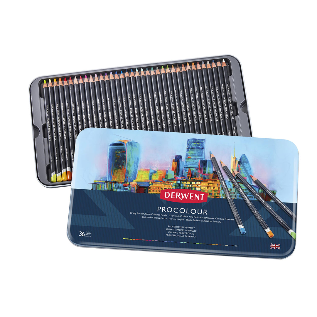 Derwent Procolour Buntstifte, Set mit 36 Stück in Metalldose, 4mm Runder Kern in Premium-Stärke, Gla