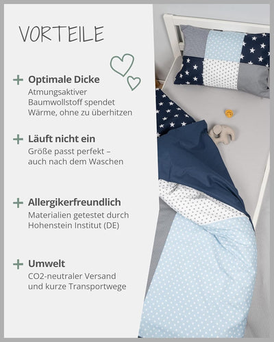ULLENBOOM Kinderbettwäsche 100x135 cm - 100% OEKO-TEX Baumwolle - Blau Hellblau Grau - Kinder Bettwä