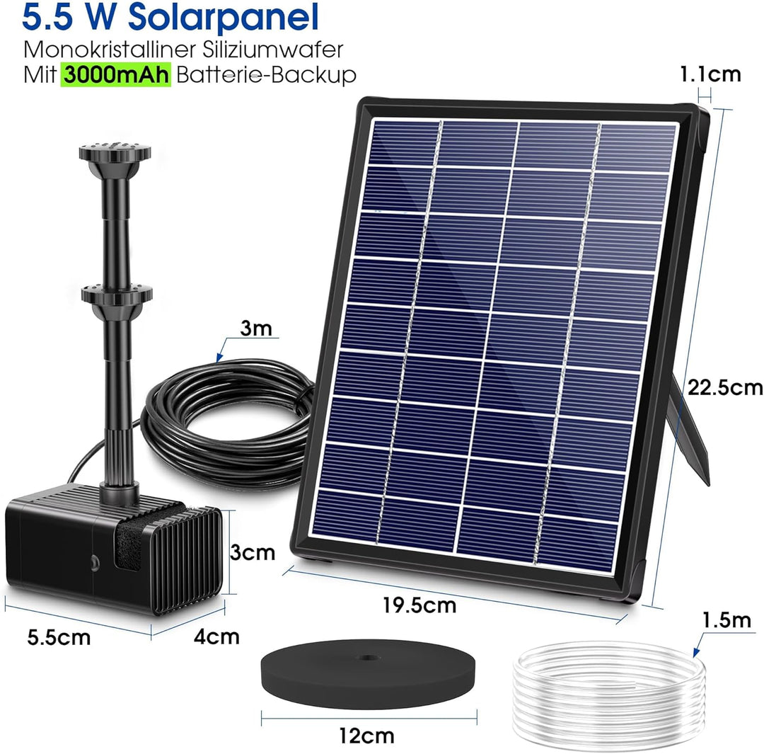 Biling Solar Brunnenpumpen 6W 3000 mAh Batterie, Solar-Teichpumpe, Solar Wasserpumpe Springbrunnen,