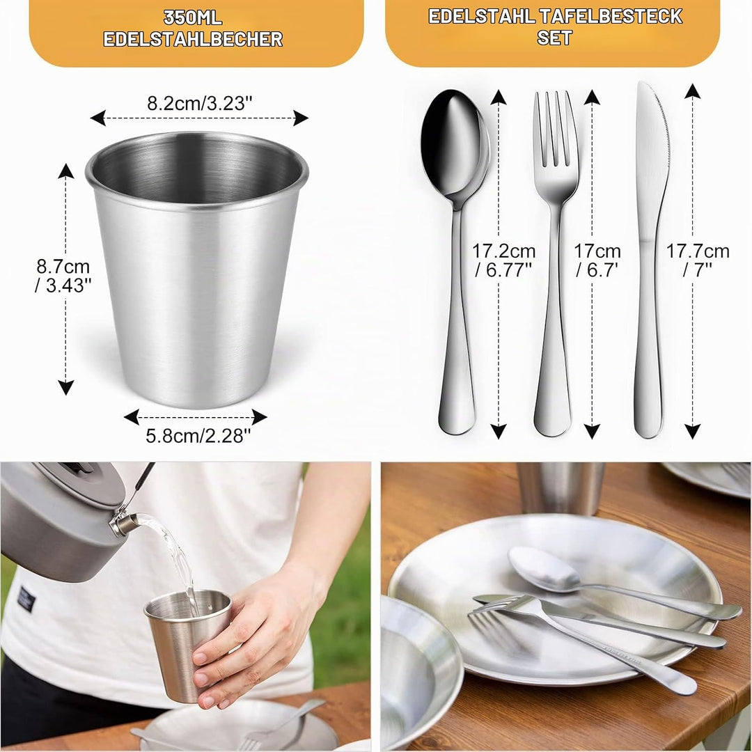 Odoland Campingbesteck Set Geschirrset 7 PCS aus Edelstahl Tafelservice mit Etui Messer Gabel Löffel