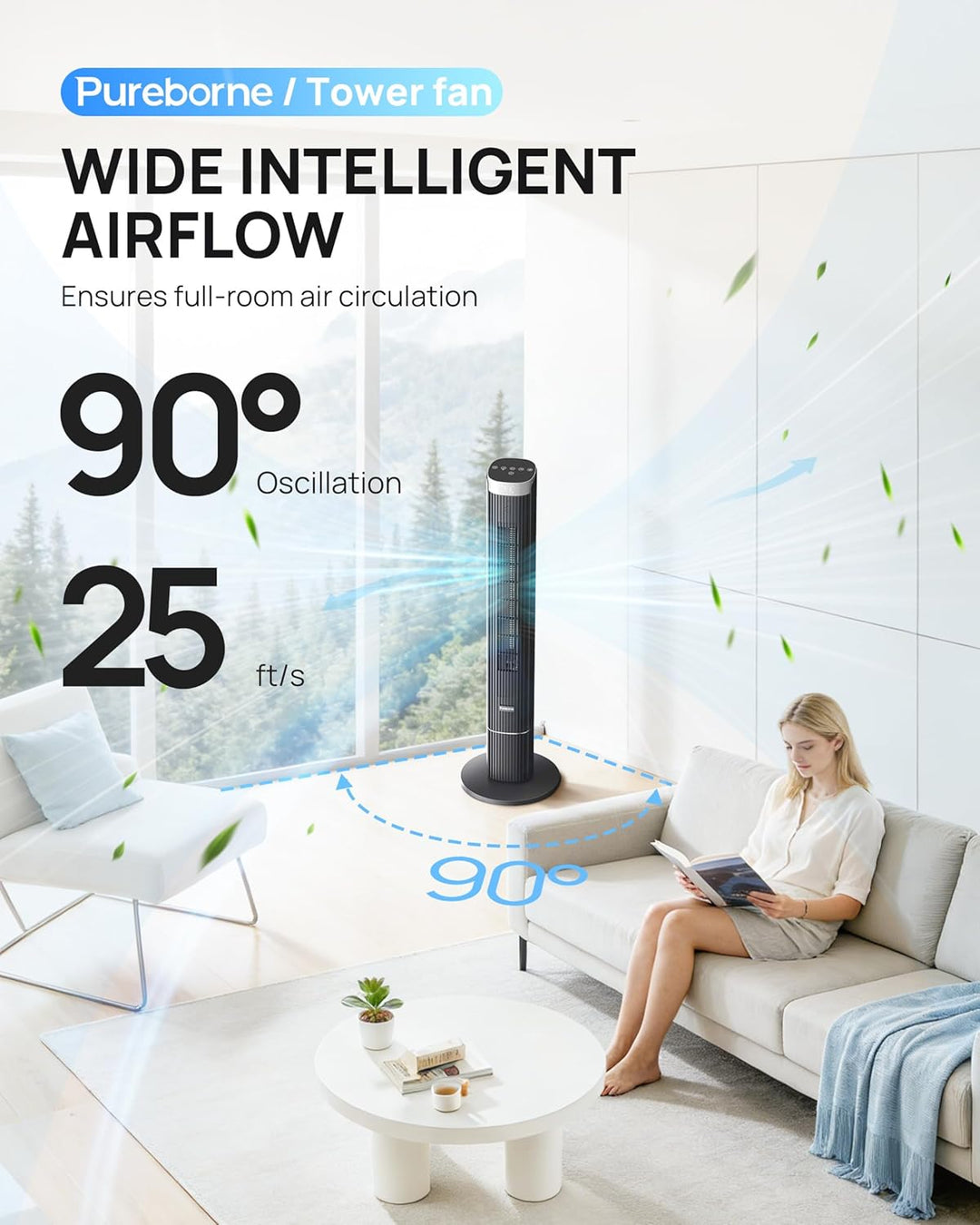Leiser Ventilator, 25dB Smart Turmventilator, 90° Oszillation Tower Fan, 4 Stufen, 12H Timer Turmven