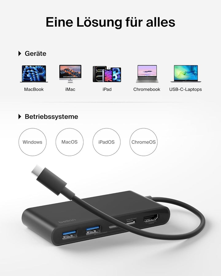 Belkin USB C Hub, 5-in-1 Docking Station, HDMI, 4K bei 60 Hz, 100 W Power Delivery, 5 Gbit/s Datentr