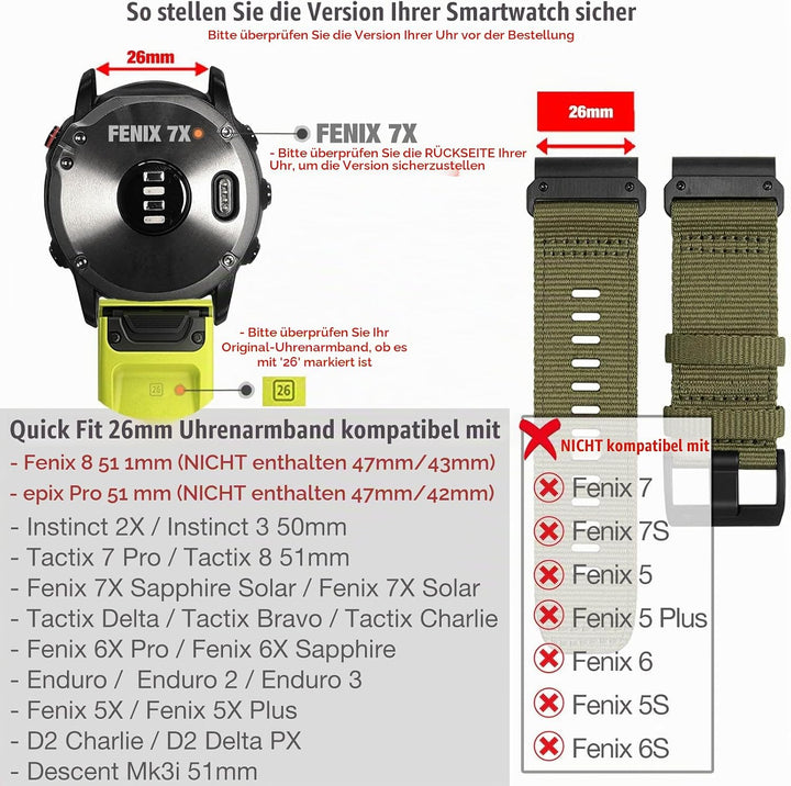 Verbessert QuickFit 26mm Nylon Armband für Garmin Fenix 7X / Fenix 6X / Fenix 5X / Enduro, Schleife