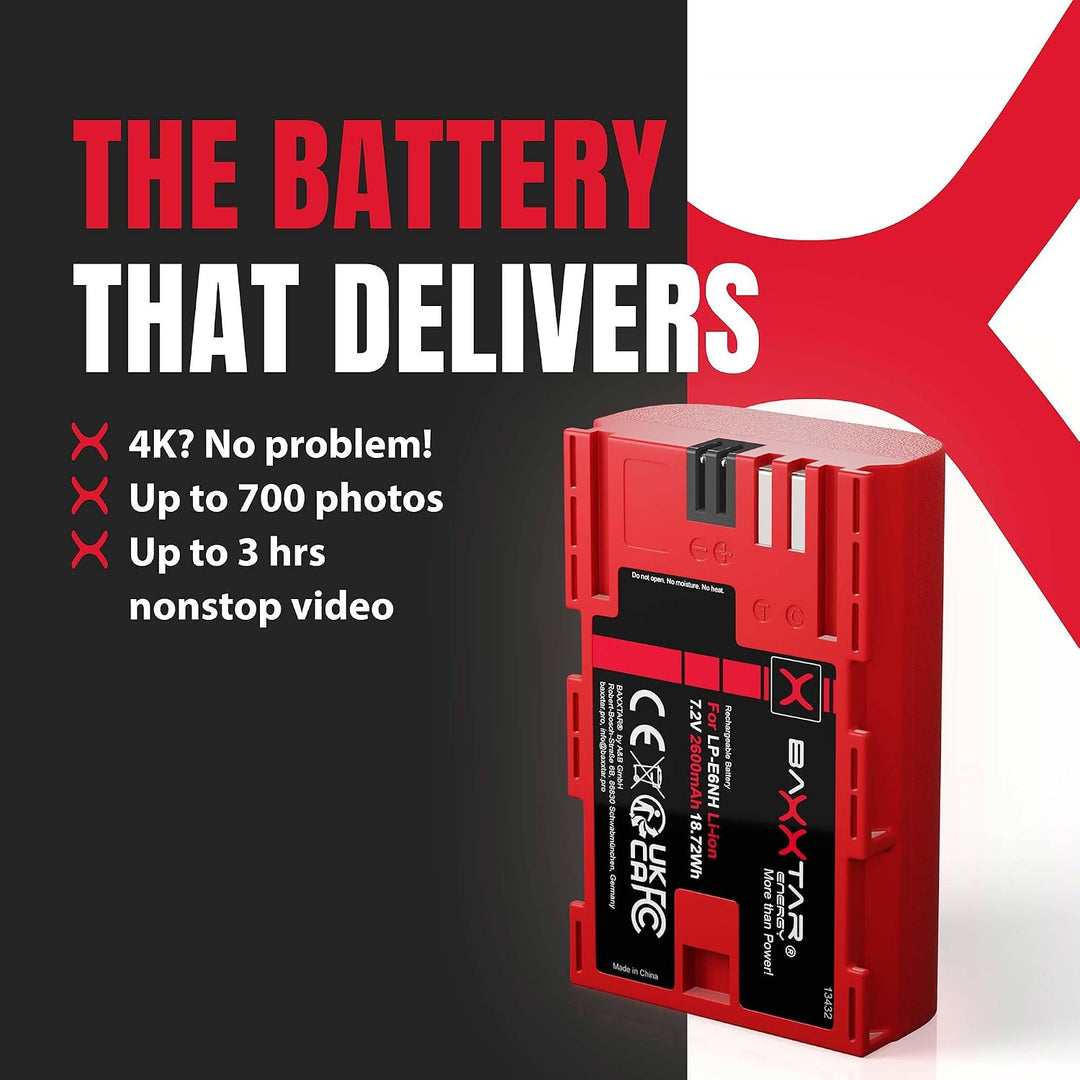 Baxxtar (2X) Pro LP-E6NH (2250mAh) kompatibel mit Canon R5 R6 R7 (Nicht mit R5c) usw. - Mini 18602 L