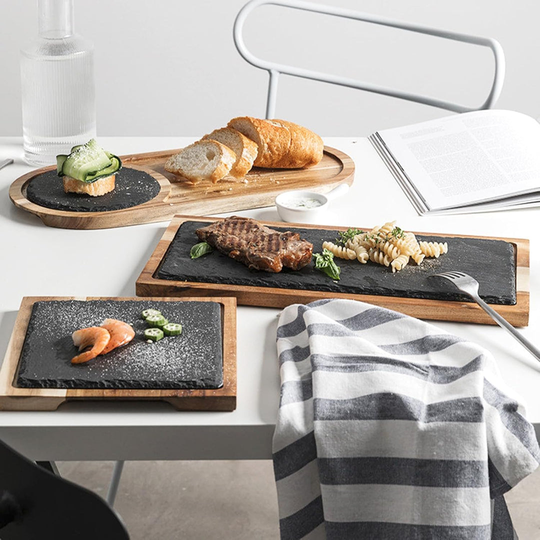 Schieferplatte Servierplatte, Für Steak und Grill Geschirr, Käsebrett aus Akazien-Holz und Natürlich