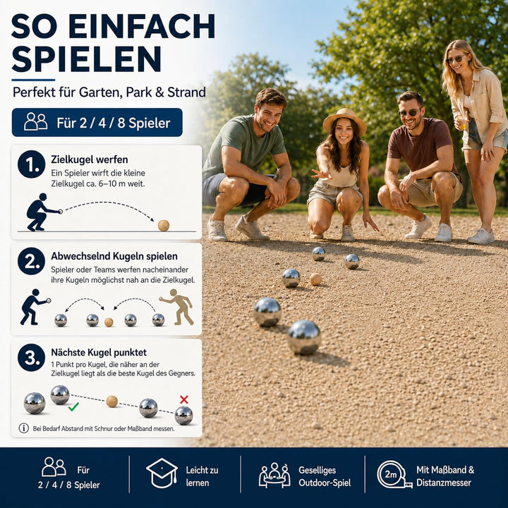 Homewit Boule Set mit 8 Metallkugeln Ø 73 mm, je 720 g | 4 Linienmuster, 2 Holzkugeln, 2 Abstandsmes