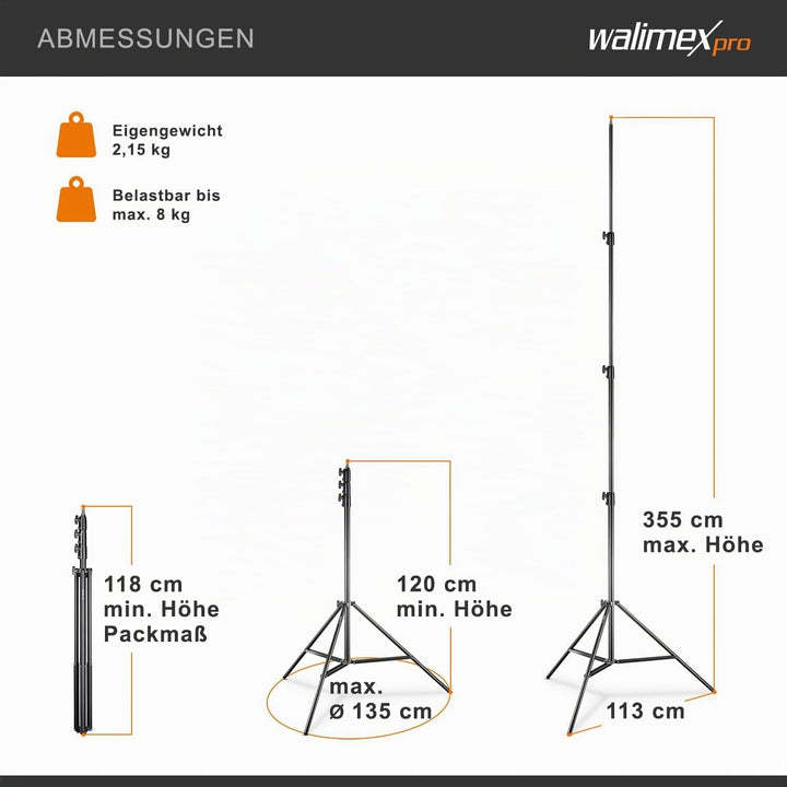 Walimex pro AIR 355 Lampenstativ - Lichtstativ mit Luftfederung, Höhe max 355 cm, 8 kg Traglast, seh