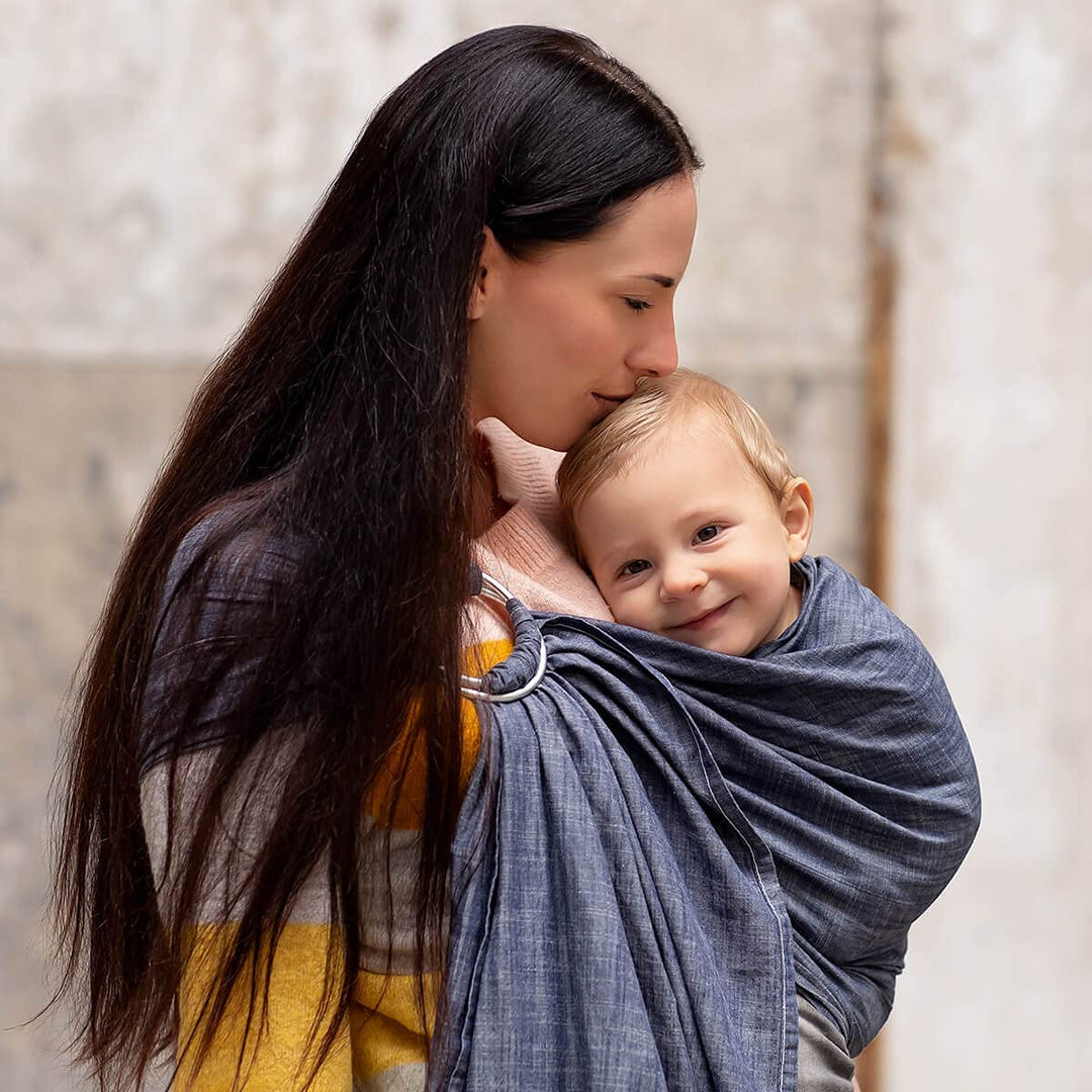 Hoppediz Ring-Sling, Baby-Tragetuch ab Geburt, 100 % schadstoffgeprüfte Baumwolle, Design Denim Deni