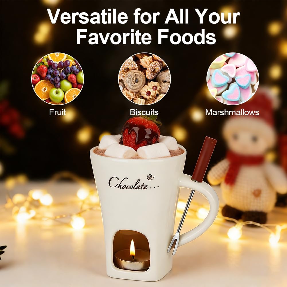 Vicloon Schokofondue Tasse, 130ml Keramik Schokoladenfondue Set mit Gabeln, Schokoladen Fondue Beche