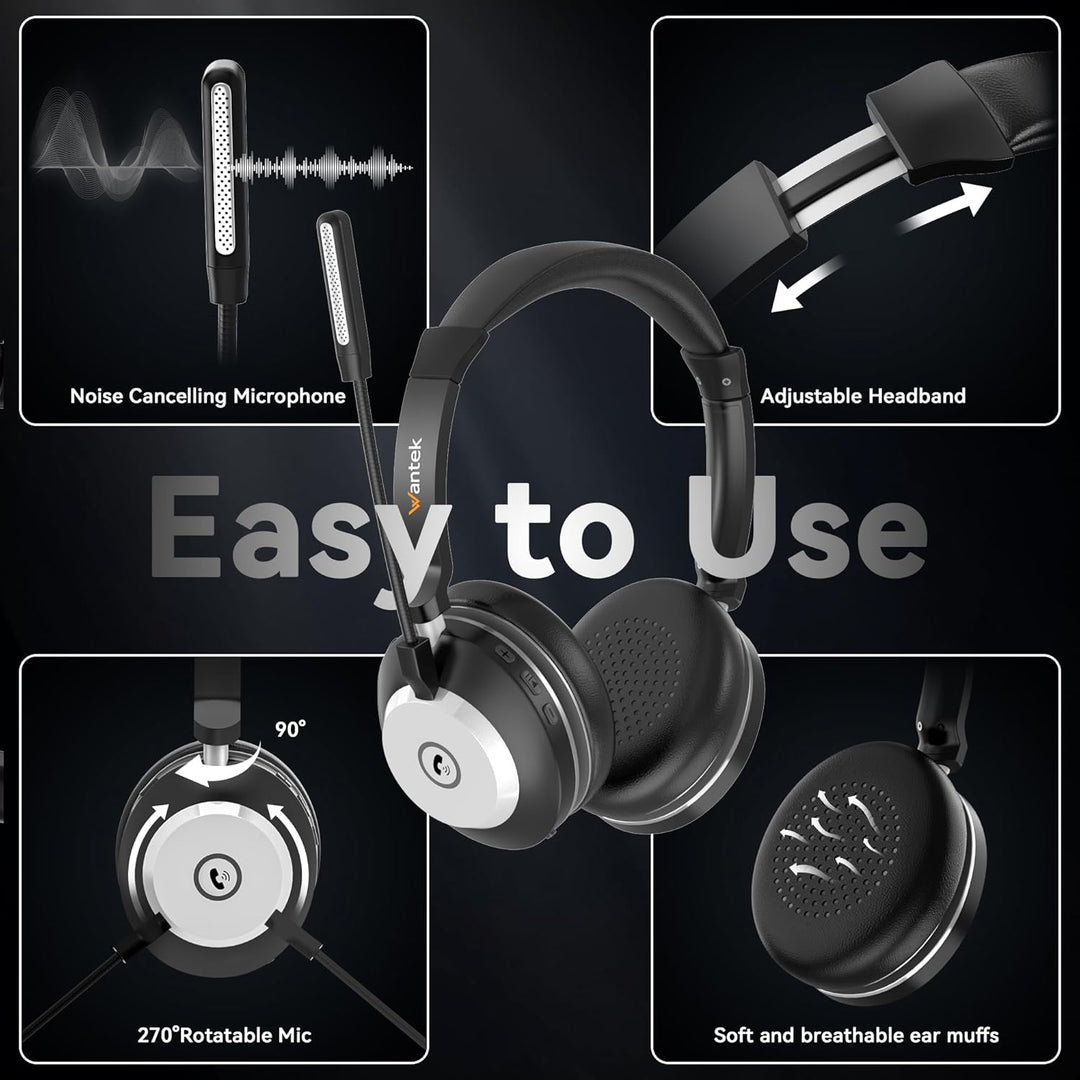 Wantek Headset mit Mikrophone Kabelloses, Wireless Headset für PC Laptop, Bluetooth Headset mit Nois