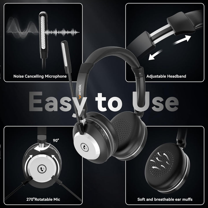 Wantek Headset mit Mikrophone Kabelloses, Wireless Headset für PC Laptop, Bluetooth Headset mit Nois