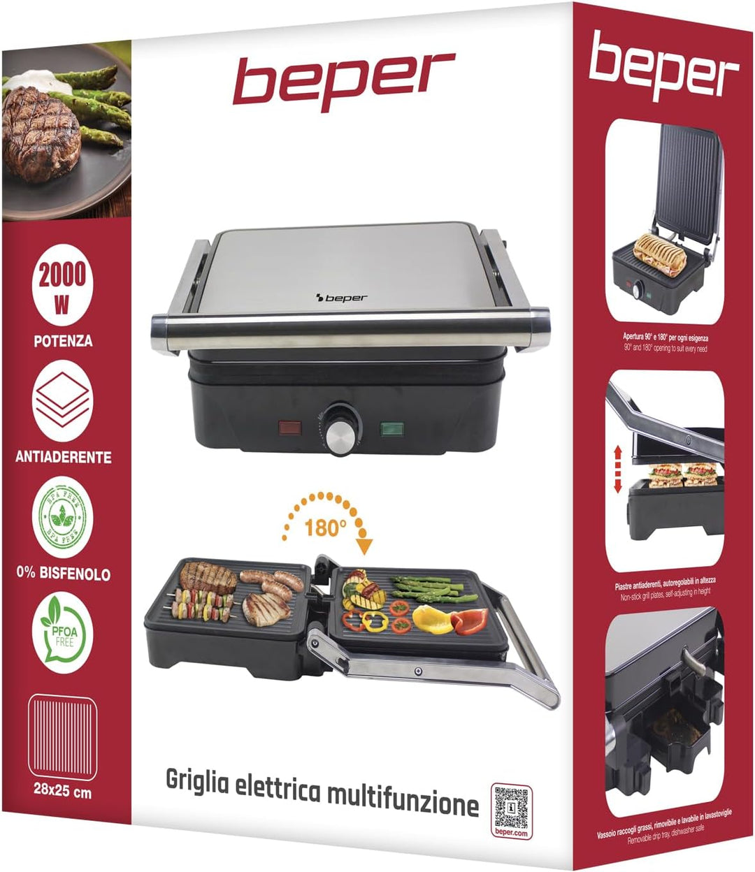 BEPER P101TOS503 GRAND GRILL 3-in-1 Multifunktions-Elektrogrill – Steakpfanne, Panini-Grillplatte un