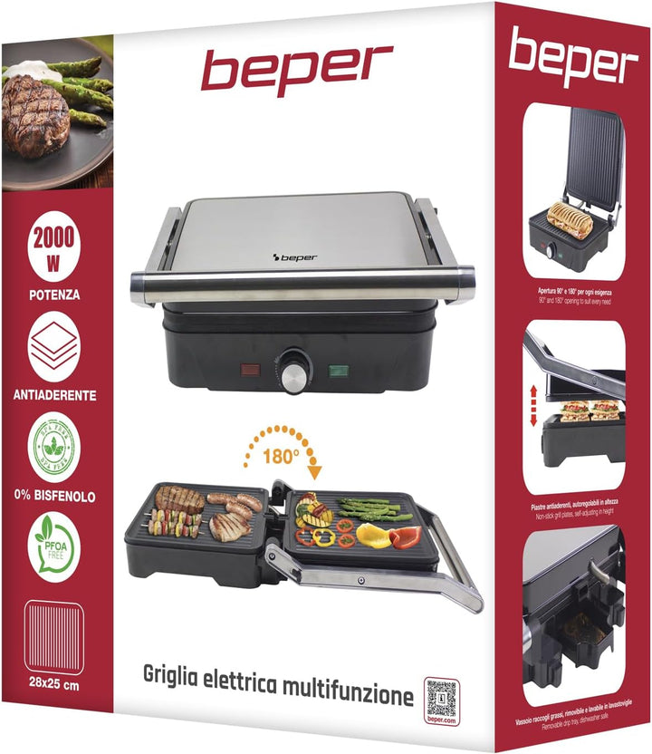 BEPER P101TOS503 GRAND GRILL 3-in-1 Multifunktions-Elektrogrill – Steakpfanne, Panini-Grillplatte un