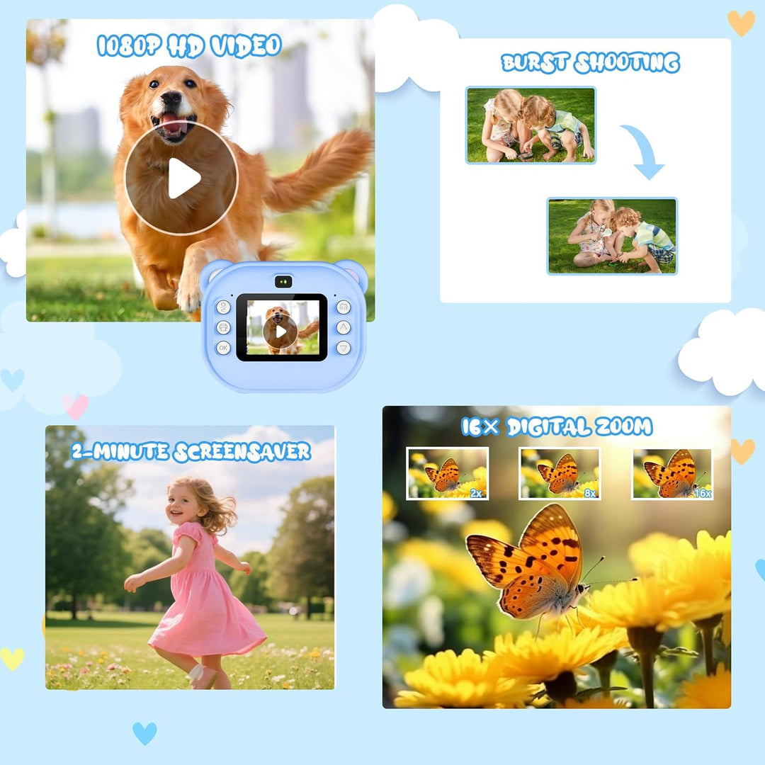 Kinderkamera Sofortbildkamera, Digitalkamera für Kinder mit Druckpapier & 32G TF Karte, mit Farbigen