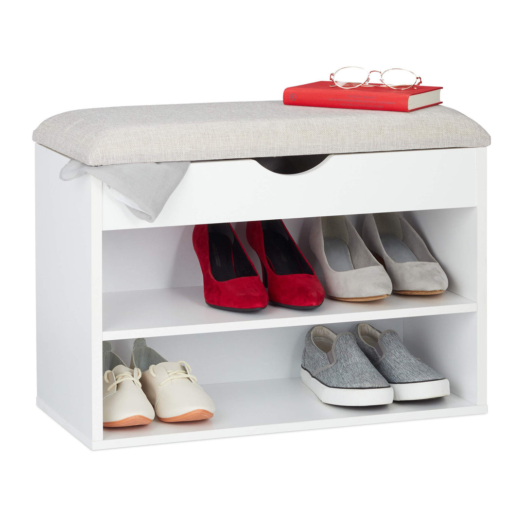 Relaxdays Schuhbank, gepolsterte Garderobenbank, 3 Fächer, aufklappbar, Schuhregal mit Sitzfläche, 4