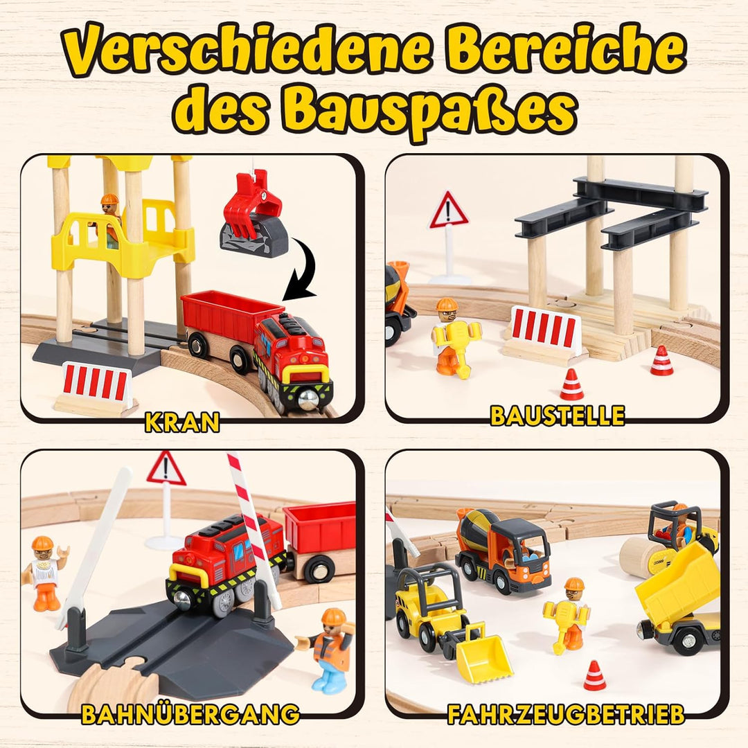 Lehoo Castle Holzeisenbahn, 68 Pcs Eisenbahn Holz mit Kran Spielzeug, Eisenbahn Kinder Elektrisch, B