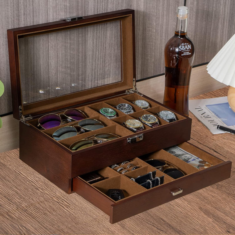 ProCase Uhrenbox Brillenbox aus Holz in Klavierlack hochglänzend, 2 Ebenen, Brillen Aufbewahrungsbox