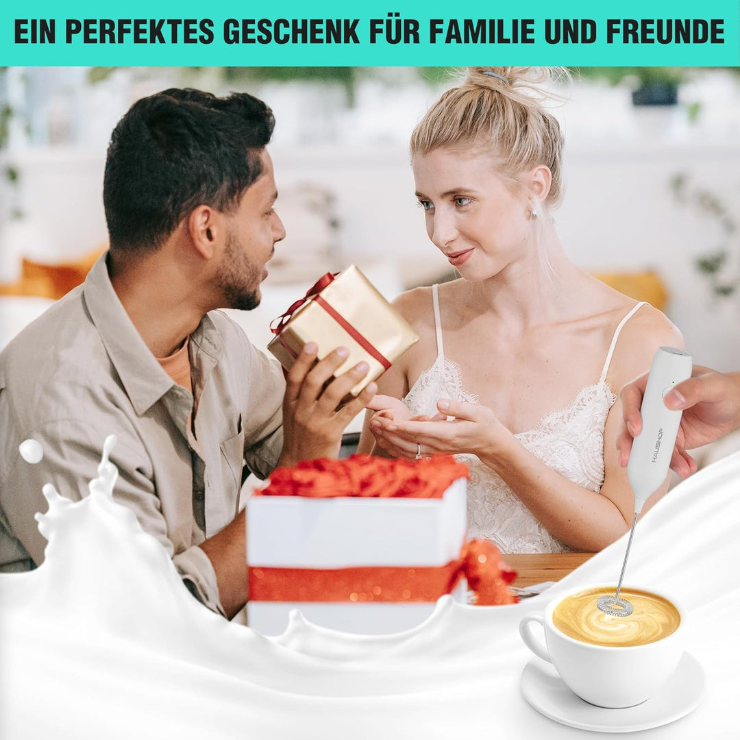 HAUSHOF Milchaufschäumer Stab, Wiederaufladbarer Hand-Milchschäumer, mit Schneebesen aus Edelstahl,