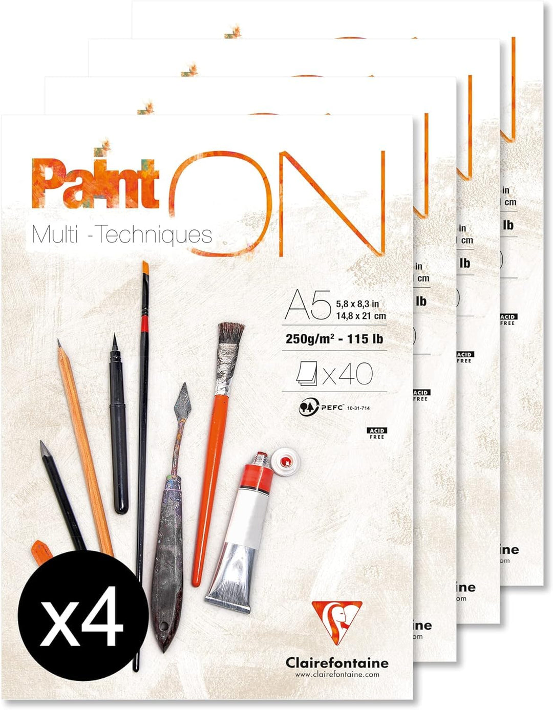 Clairefontaine 96538C - Packung mit 4 Blöcken Paint´ON feinkörnig, DIN A5, kopfseitig geleimt, 40 Bl
