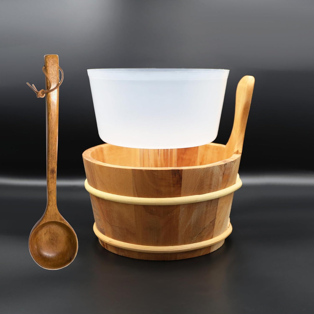 HAF® Saunakübel Set Thermo Espe 4 Liter mit Einsatz, 40cm Saunakelle Komu-Holz, Sanduhr und Klimames