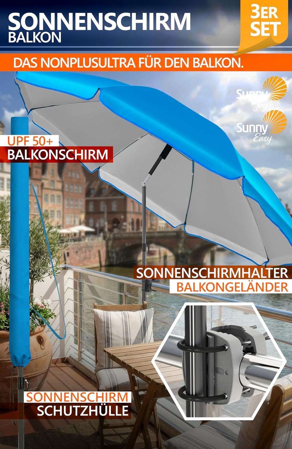 4smile Sonnenschirm Balkon SunnyJoy, 3-in-1 SET, Blau - UPF 50+ Sonnenschirm Ø 200 cm + Sonnenschirm