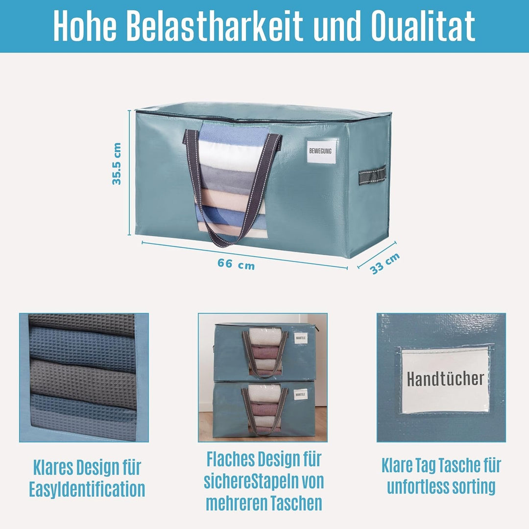VENO Umzugstaschen 4 Stück Aufbewahrungstasche mit Griffe und Reissverschlüssen, Kleideraufbewahrung