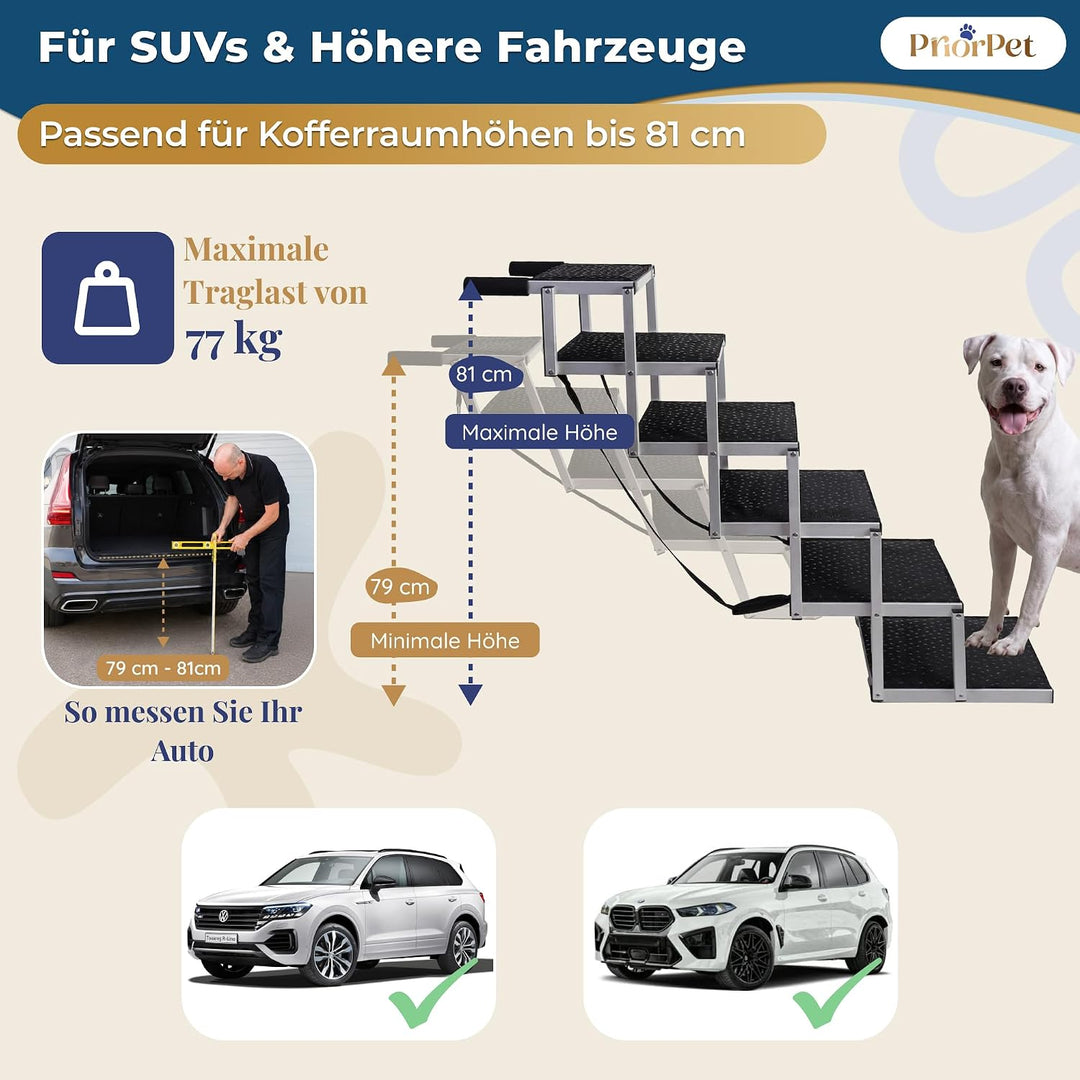 Hundetreppe Auto Klappbar – 4, 5 oder 6 Stufen für niedrige bis hohe Kofferraumhöhen (63–81 cm) – Fü