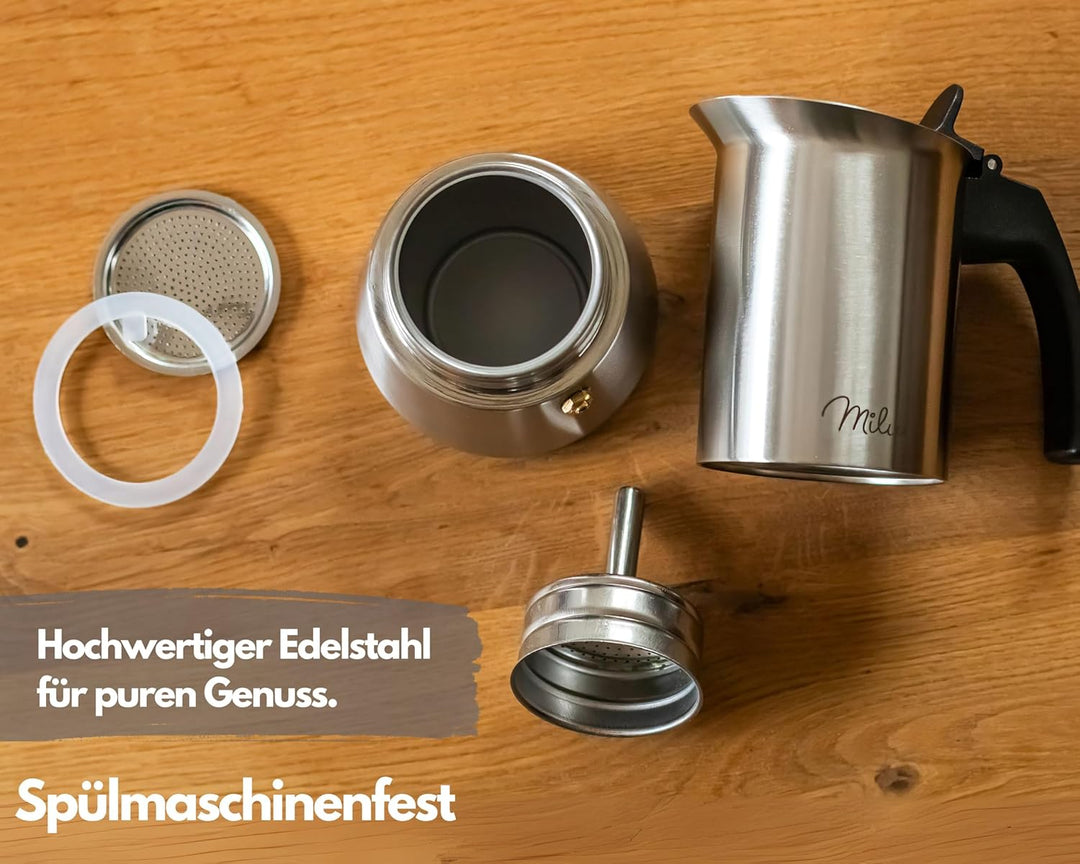 Milu Espressokocher (2 Cup No Induktion) | 2, 4, 6, 9 Tassen| Edelstahl Mokkakanne, Espressokanne, E