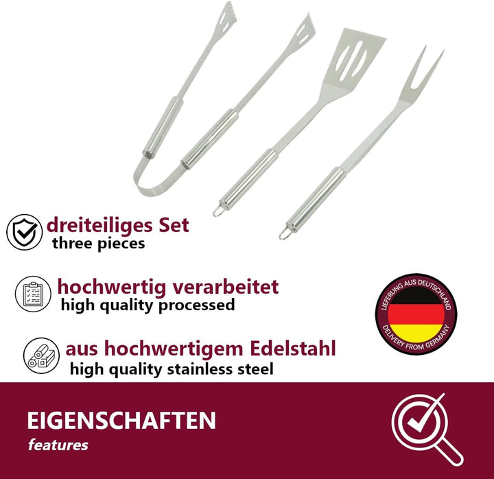 3X Grillbesteck Set Edelstahl, Grill Zubehör für Barbecue, Grillkoffer mit Grillwender, Fleischgabel