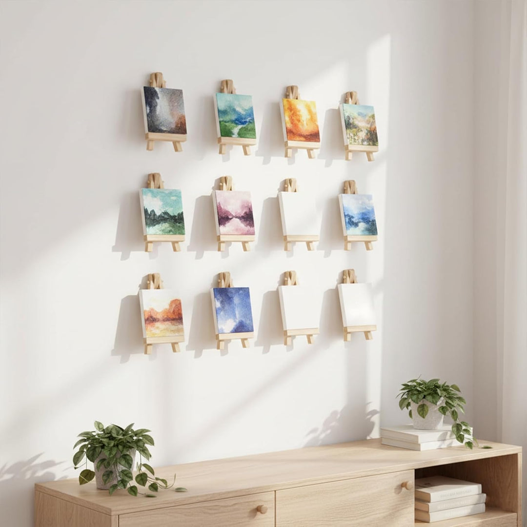 12x Mini Staffelei Naturholz 7x12.5cm klappbar mit 8x8cm Leinwand-Set - Handbemaltes Kinder-Malkreat