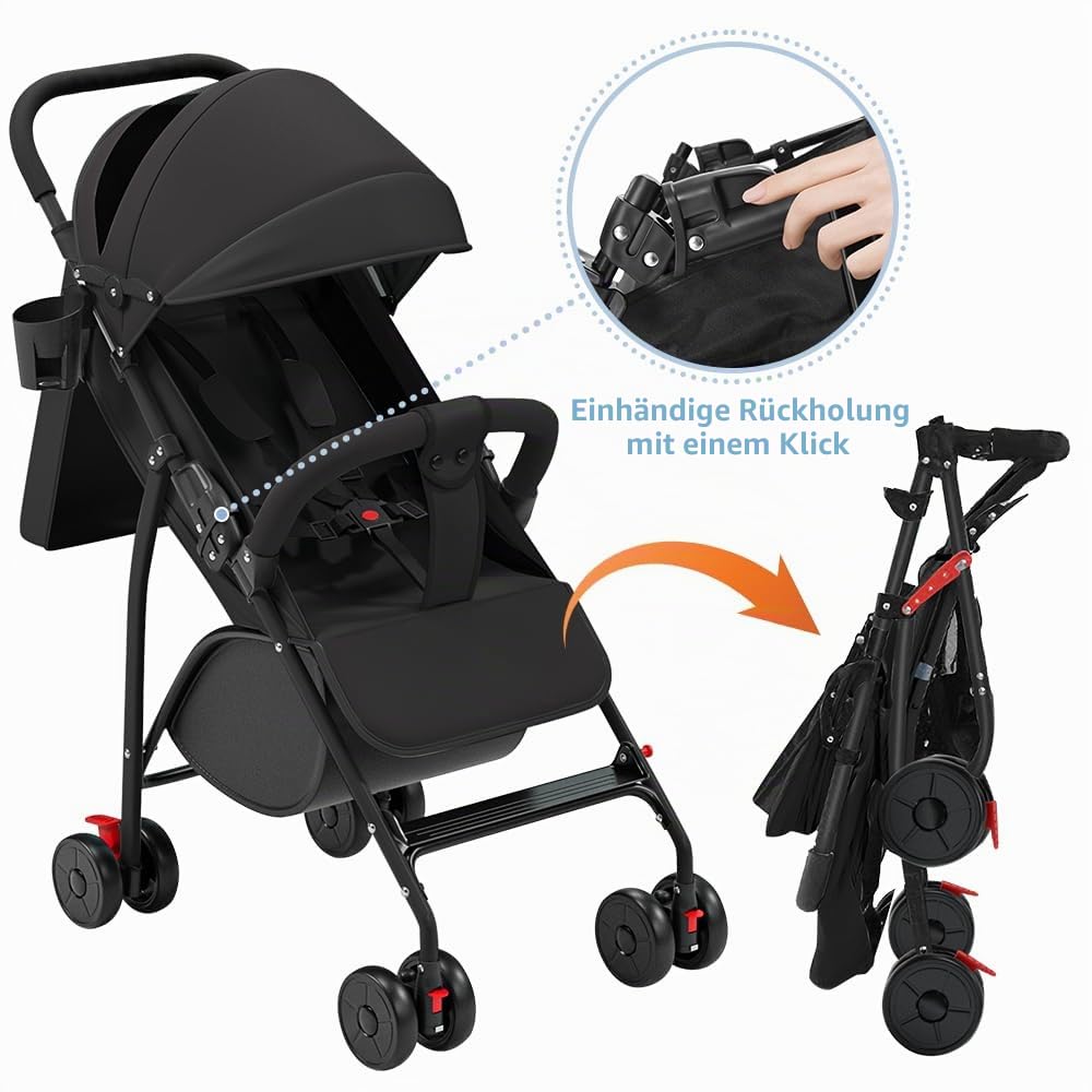 Kinderwagen Buggy Liegefunktion, Leichter 4-Rad Buggy ab 0–4 Jahre, Verstellbare Rückenlehne, Klein