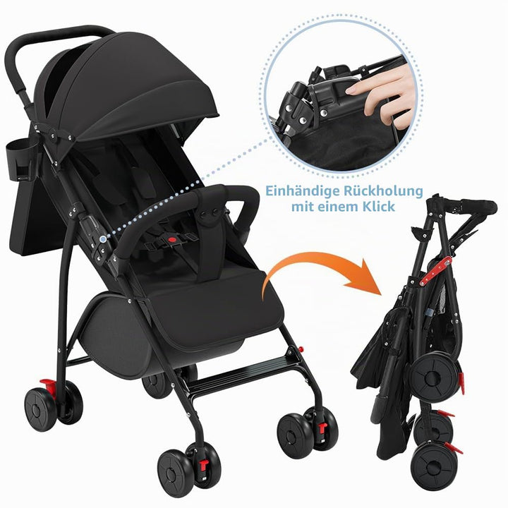 Kinderwagen Buggy Liegefunktion, Leichter 4-Rad Buggy ab 0–4 Jahre, Verstellbare Rückenlehne, Klein