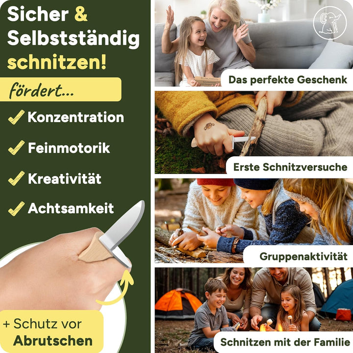 Eli® Schnitzmesser für Kinder mit Schnitzholz und Klingenschutz aus Leder ab 6 Jahre - hochwertiges