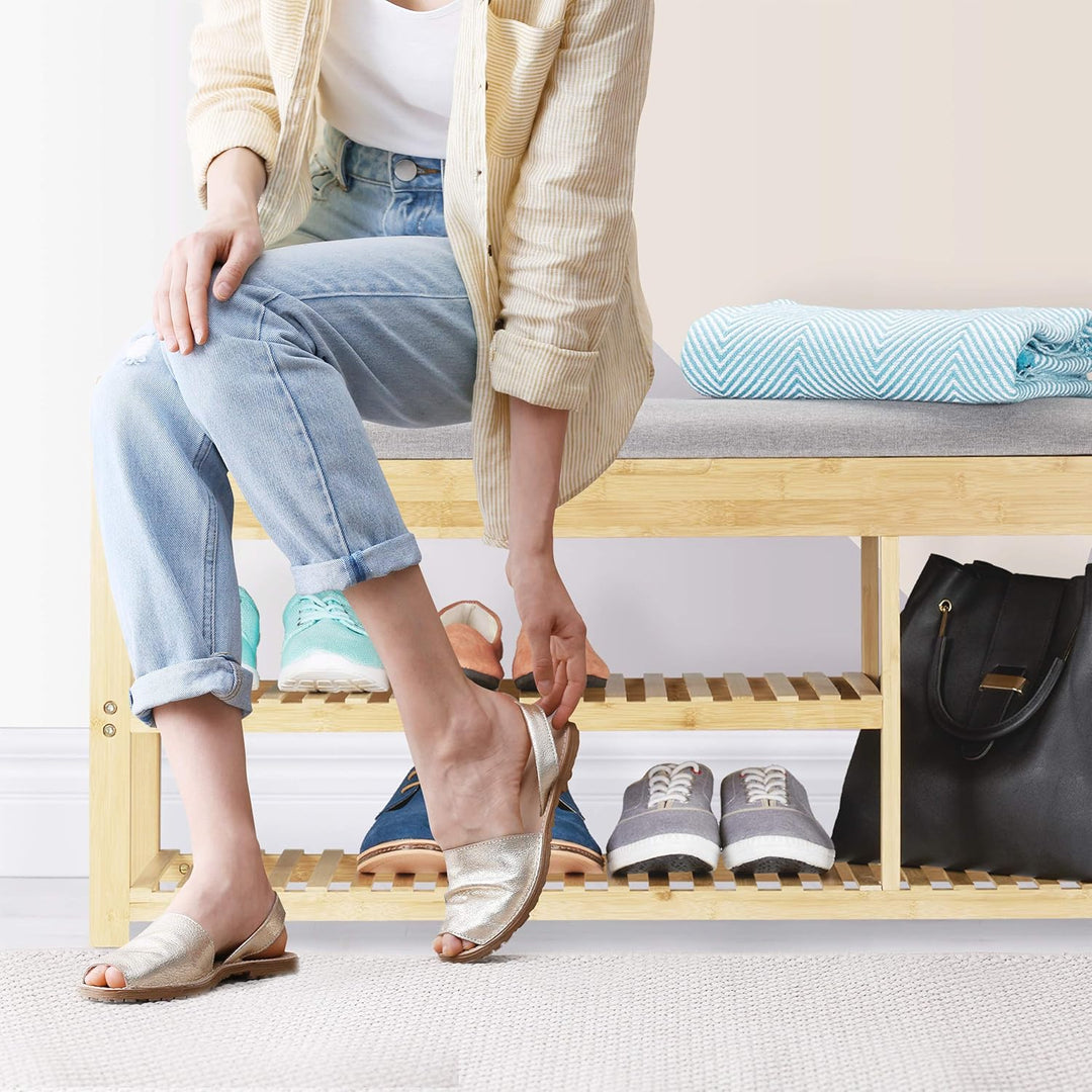 Relaxdays Schuhbank mit Sitzfläche, Stauraum, Polster, Flur, niedrig, Bambus, Sitzbank HxBxT: 50x100