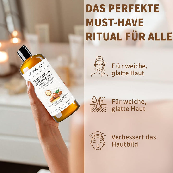 MAYJAM Arganöl Bio 473ML, Körperöl für Für Gesicht, Haut, Haare, Haaröl Arganöl Kaltgepresst Reines